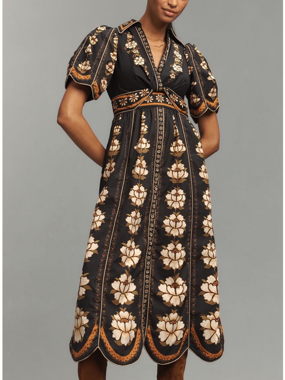 New FARM Rio Embroidered Short Sleeve Midi Dress